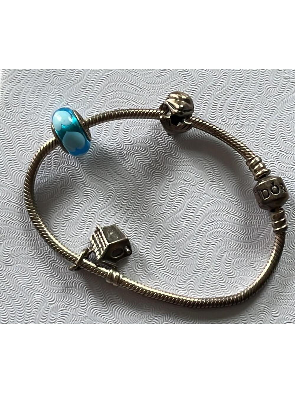 Pandora Sterling Silver Bracelet Birdhouse, Blue Bead, and Dolphin Charms Used